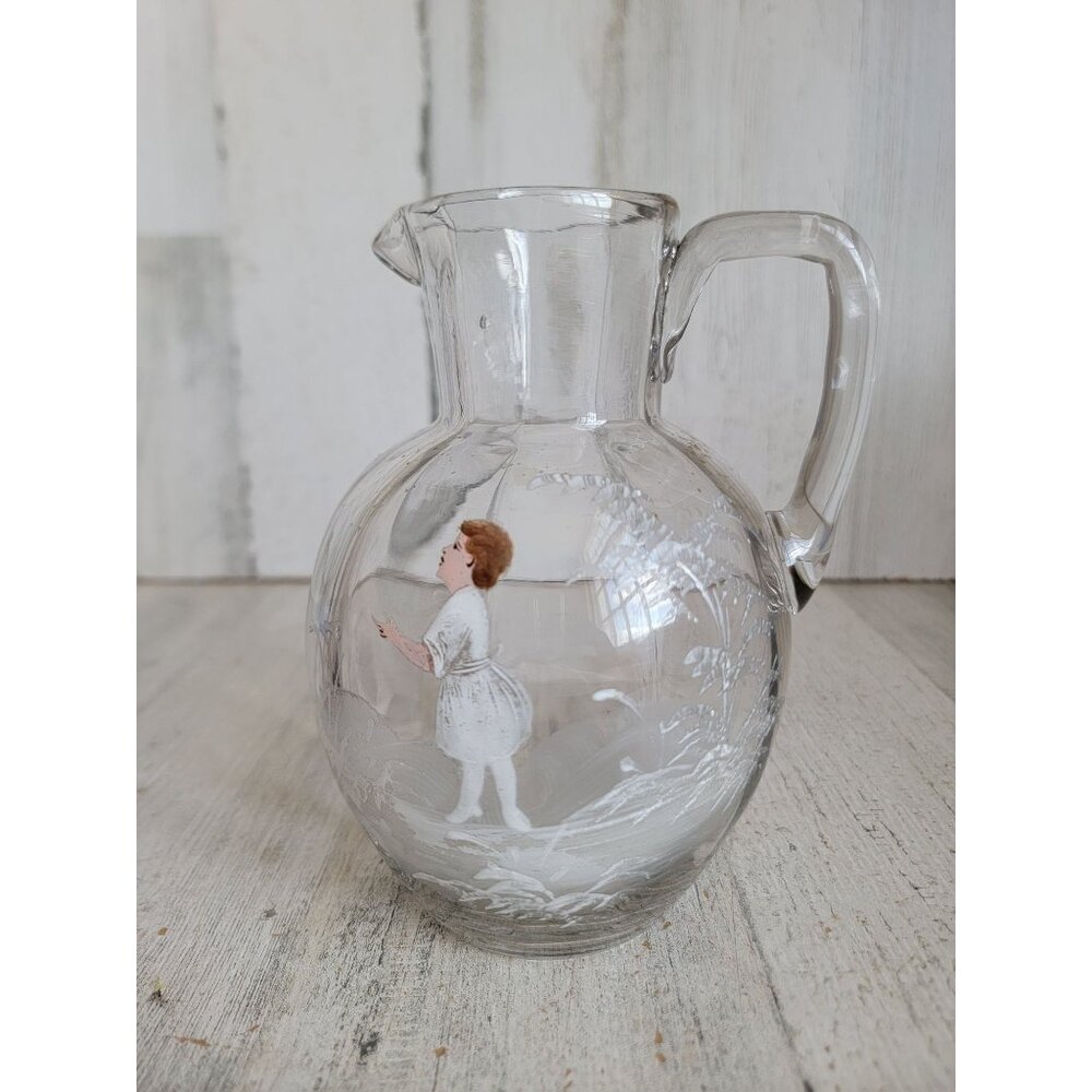 Mary Gregory painted girl pitcher vintage glass home white tree